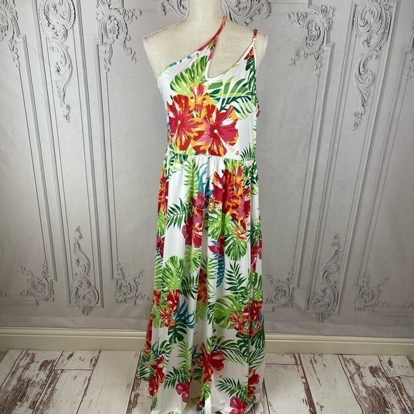 Hawaiin Delight Casual Classy Tropical Floral Print One Shoulder Maxi Dress - Picture 5 of 9